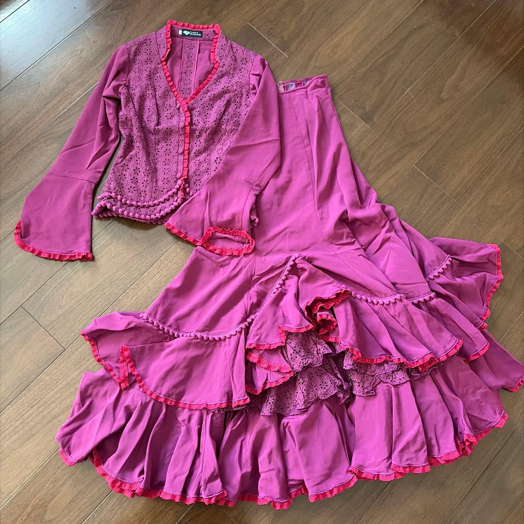 SONIA JOHNES ワイン×濃ピンクレース　フラメンコ衣装