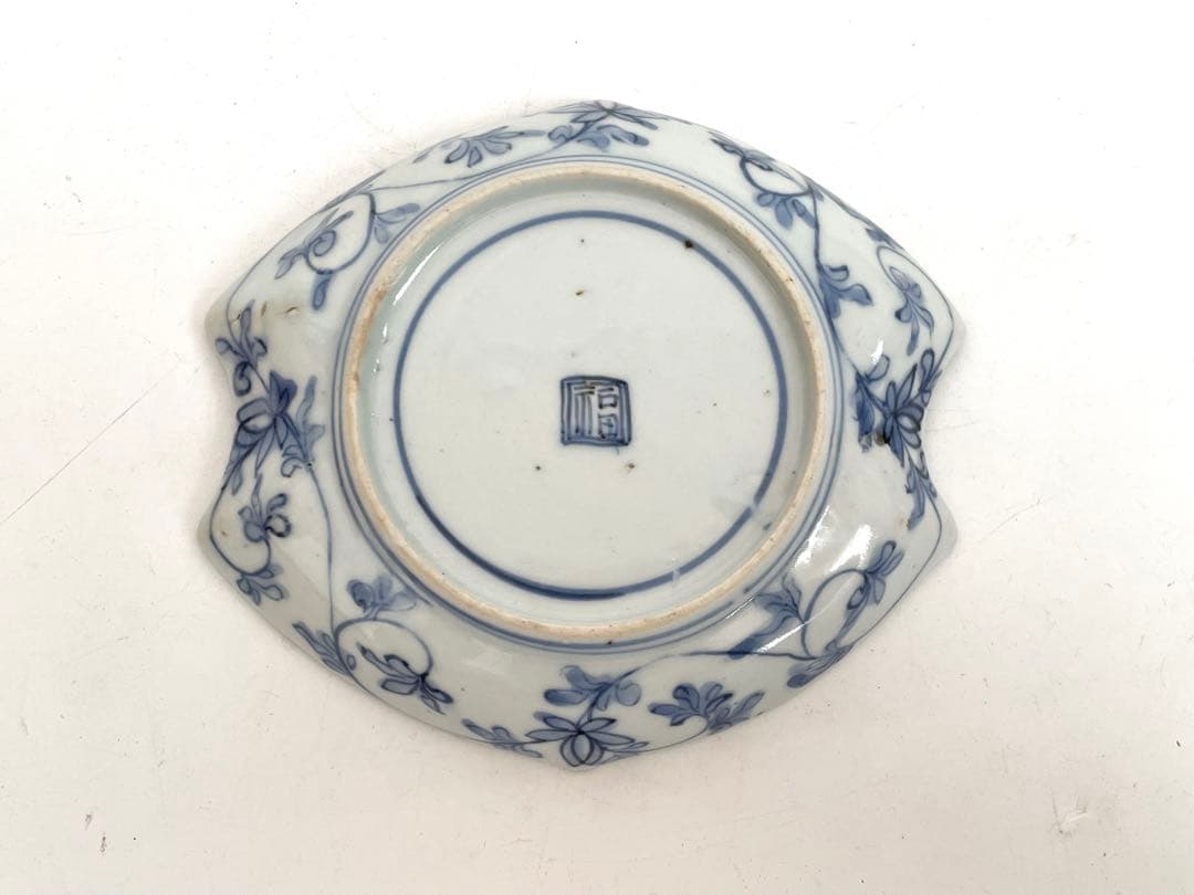 骨董　アンティーク　古伊万里　菱形　染付　逆唐草文様　変形皿　小皿　角福