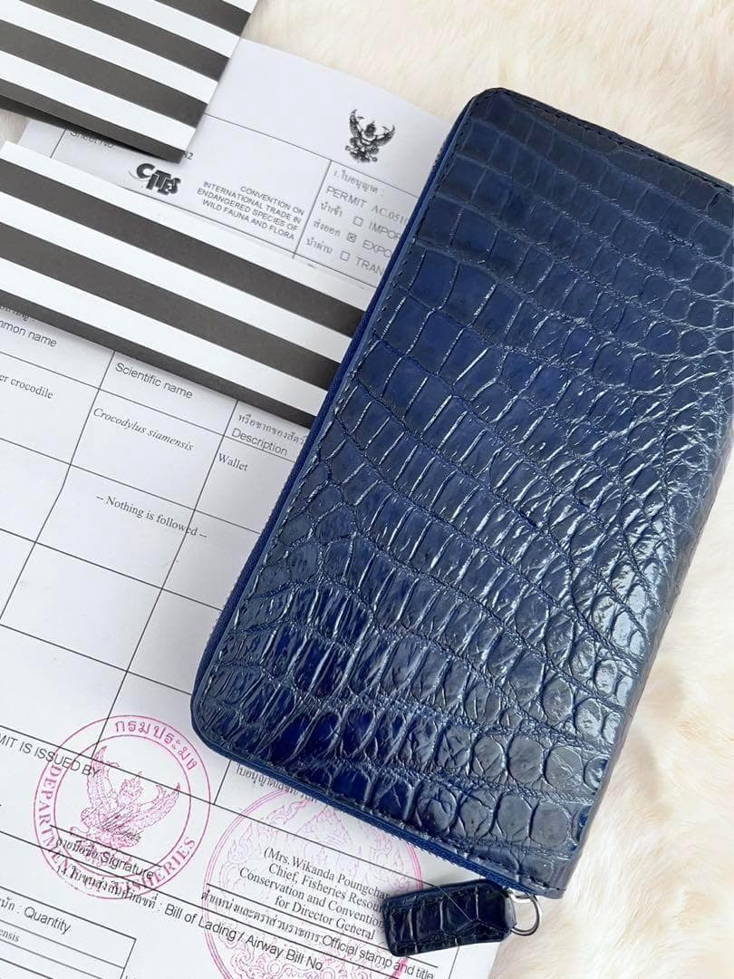 高級 クロコダイル crocodile 長財布 クロコ財布 男女兼用 ネイビー