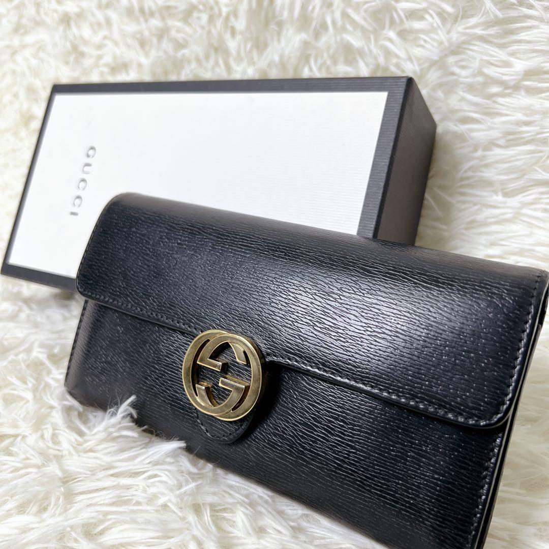 GUCCI インターロッキングG レザー 長財布 ブラック 正規品　シボ革