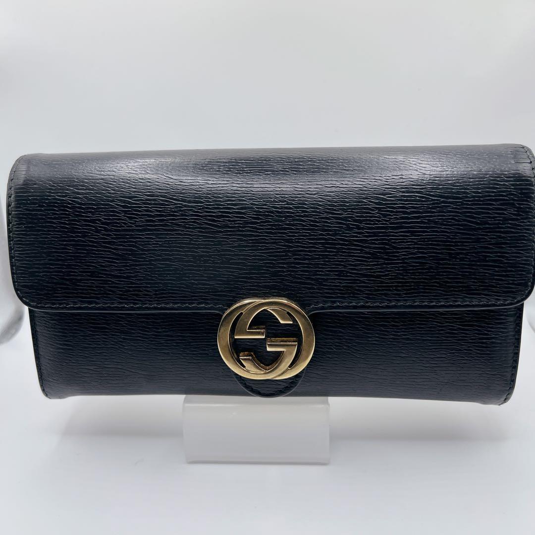 GUCCI インターロッキングG レザー 長財布 ブラック 正規品　シボ革
