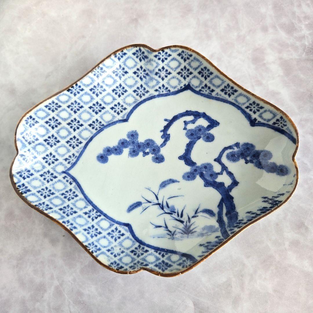古伊万里　型紙摺　隅入菱皿　江戸時代　染付　変形皿　金直し　金継ぎ　アンティーク