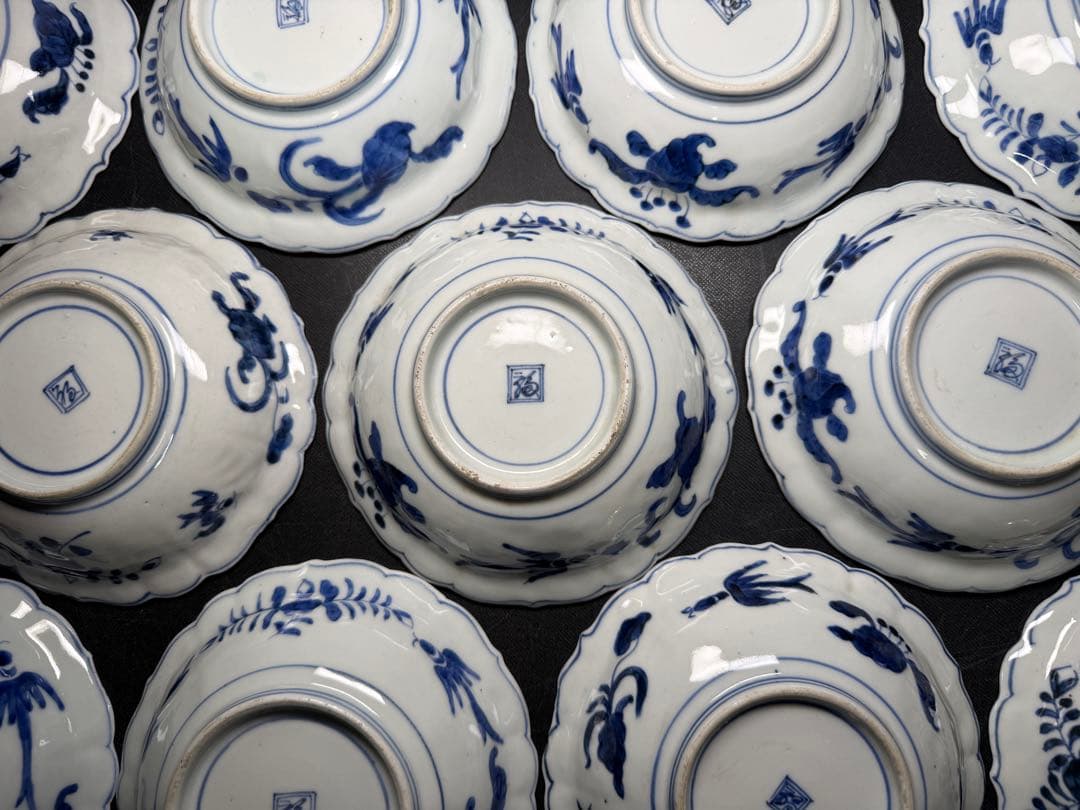 古伊万里 染付 白磁 陽刻 草花文 膾皿 17客 無傷 江戸期 二重角渦福 深鉢