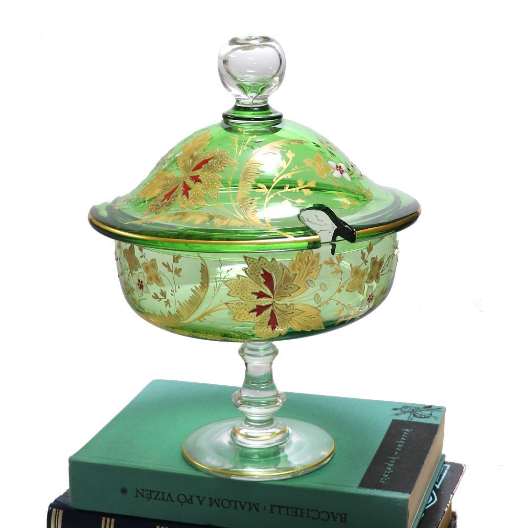 オールド・バカラ 美術館級 大型金彩エナメル彩蓋付き コンポート 緑色硝子 蓋物