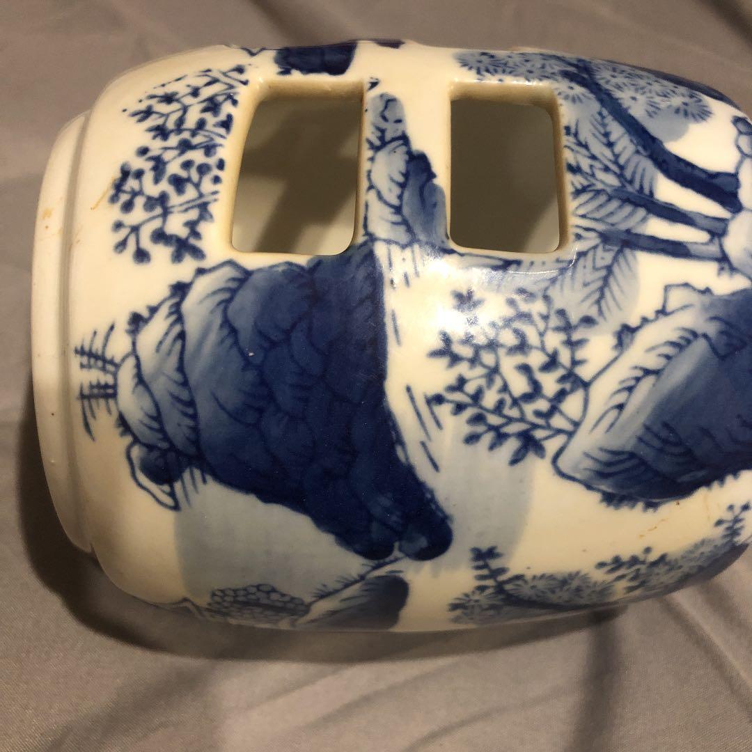 帽筒　帽子筒　染付 風景図 山水図　植木カバー　ビンテージ