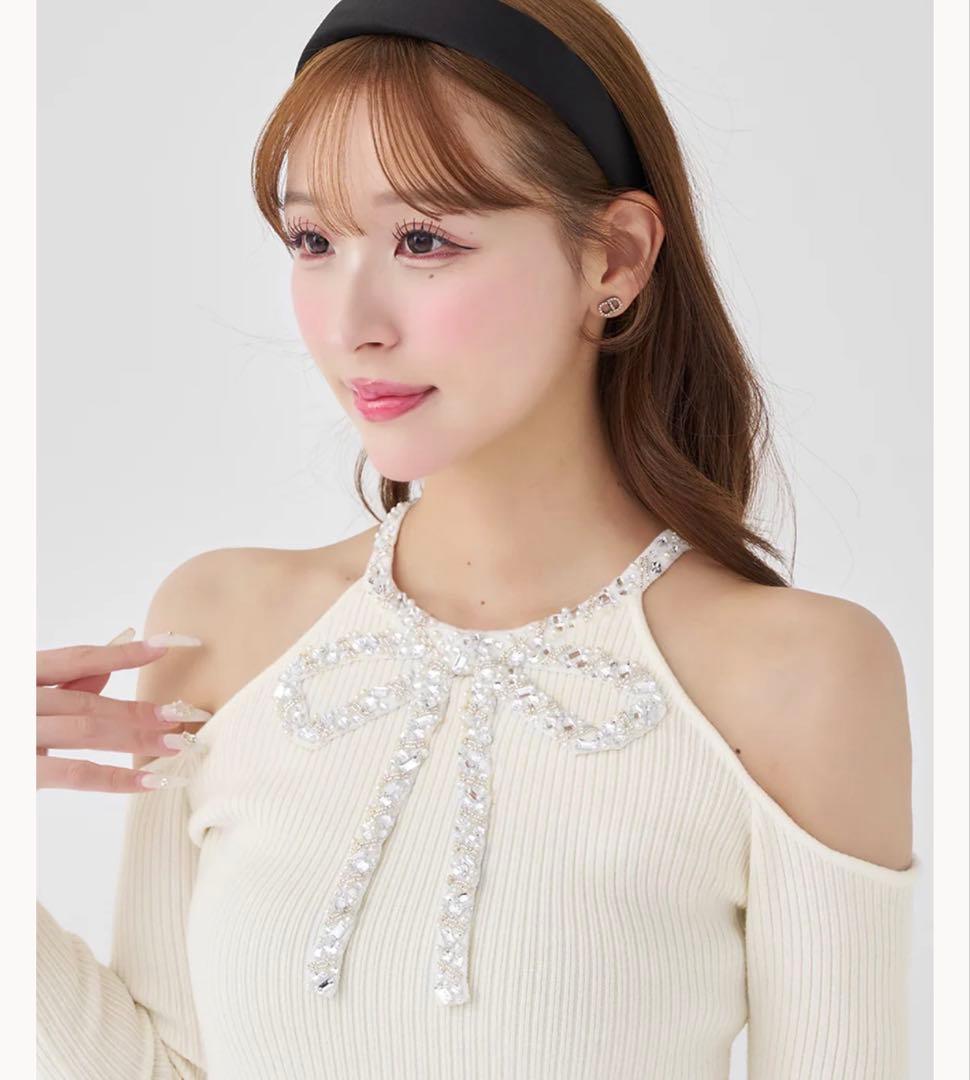 ダーリッチ Darich リボンビジューアメスリニットトップス　白　IVO