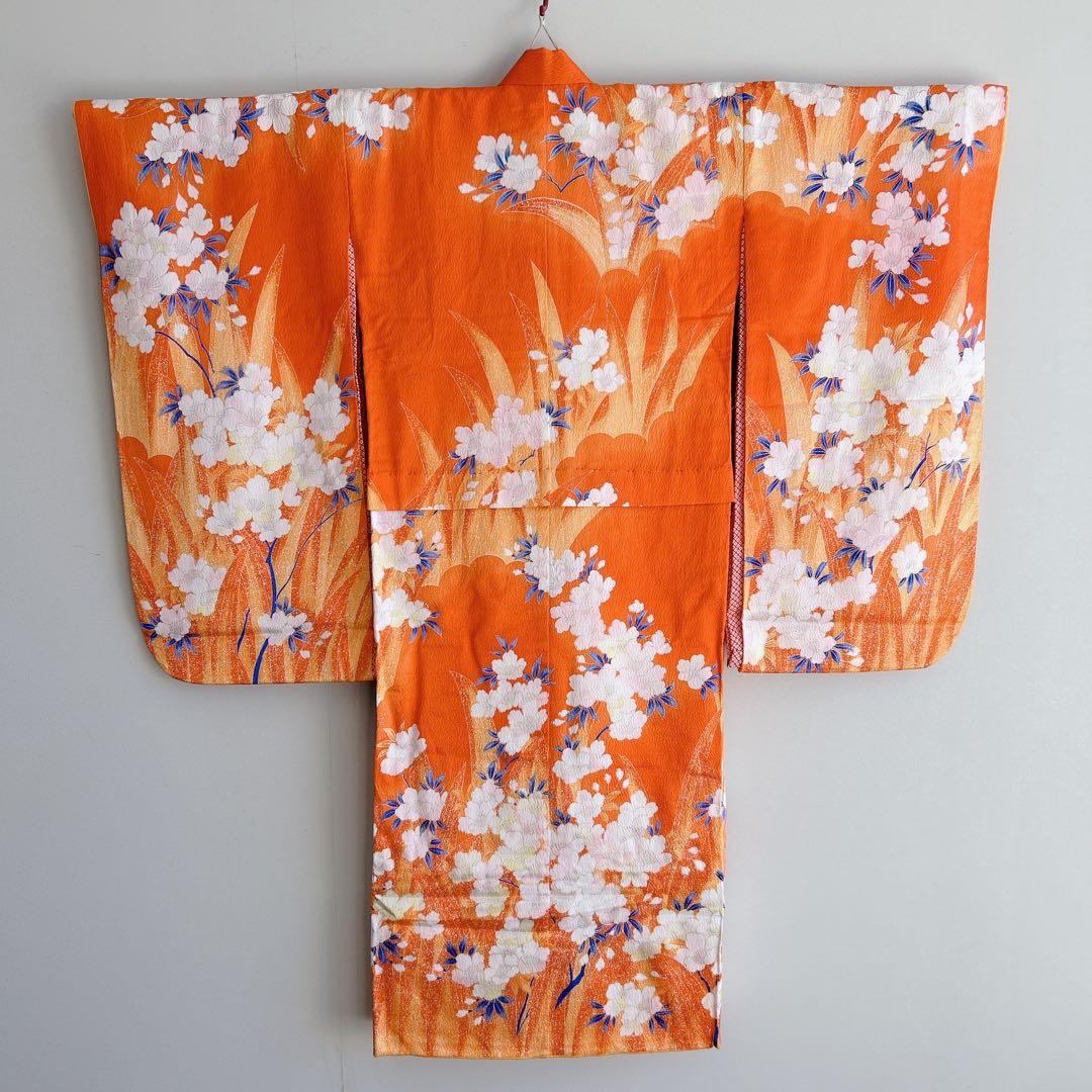 フルセット　七五三　7歳女の子　オレンジ地　桜　孔雀　52397