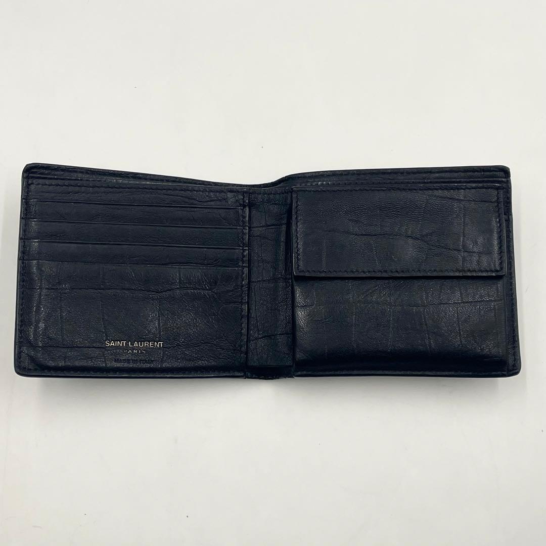 【美品】 SAINT LAURENT 折り財布 クロコ型押し YSL金具 黒