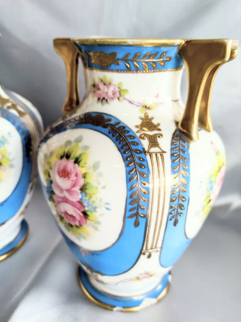 オールドノリタケ 明治期アンティーク マルキ印 青と白の花柄 ペア花瓶２個セット