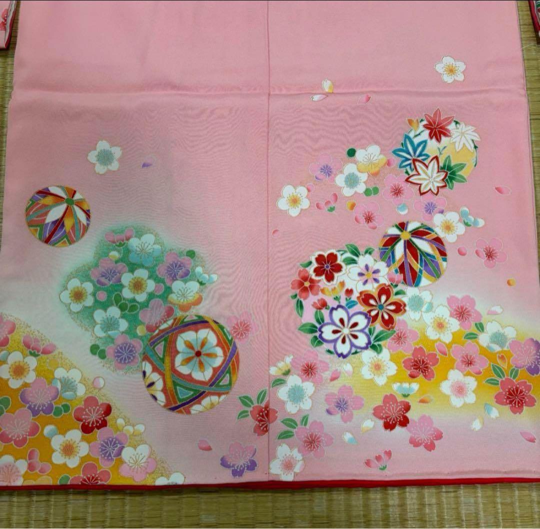 七五三　女の子着物　三ツ身着物　正絹　新品　華やかピンク　可愛い手毬柄　桜　鼓