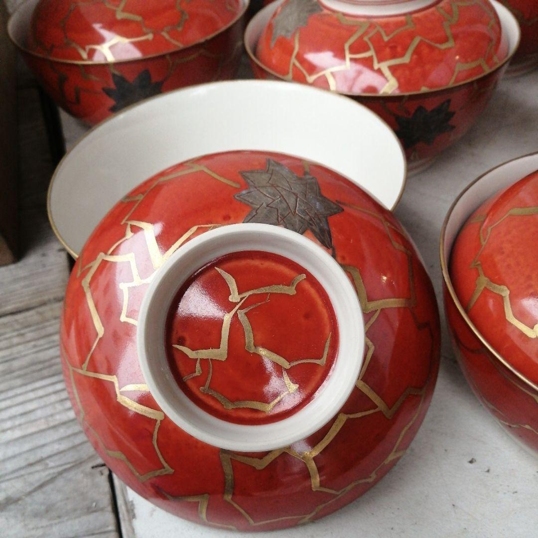 骨董　蓋物　煮物 蓋付茶碗　在銘　高麗赤絵　10客　木箱　会席膳　懐石料理