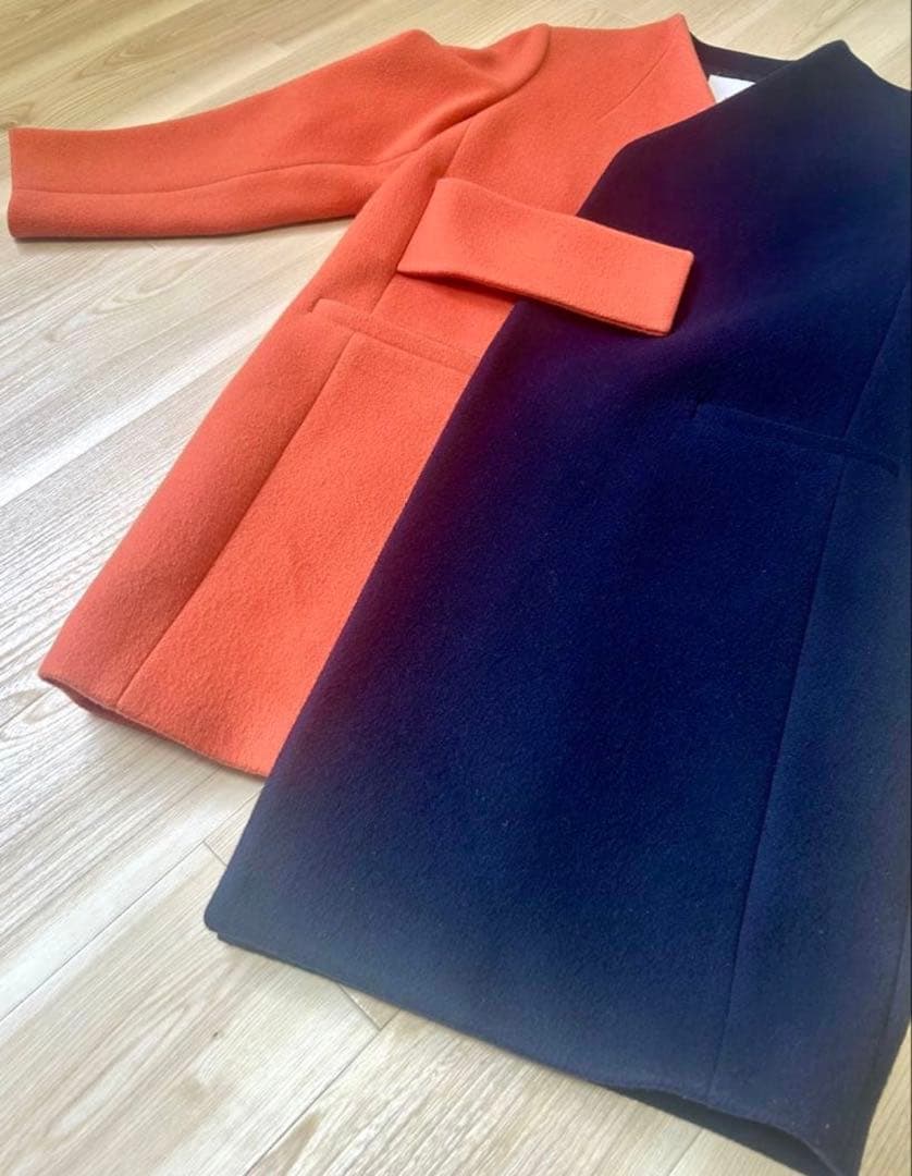 UN3D. アンスリード バイカラーアシンメトリーコート オレンジ×ネイビー