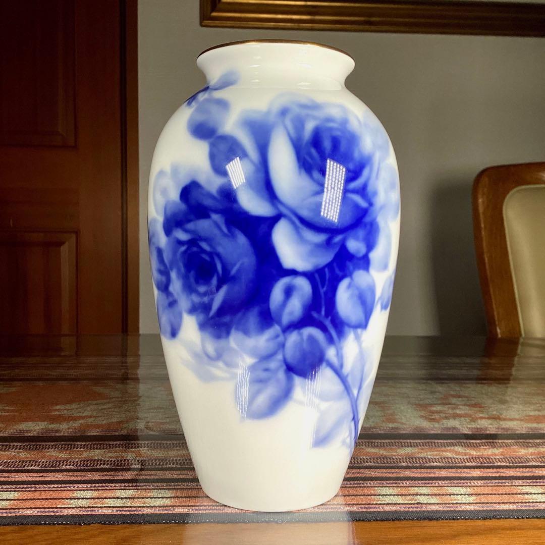 『フォロうー特価』　大倉陶苑　ブルーローズ　花瓶　23cm