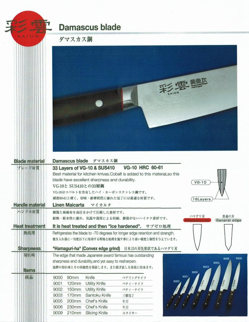 関の刃物 三徳包丁 170mm 彩雲 VG10 33層 ダマスカス 両刃万能包丁