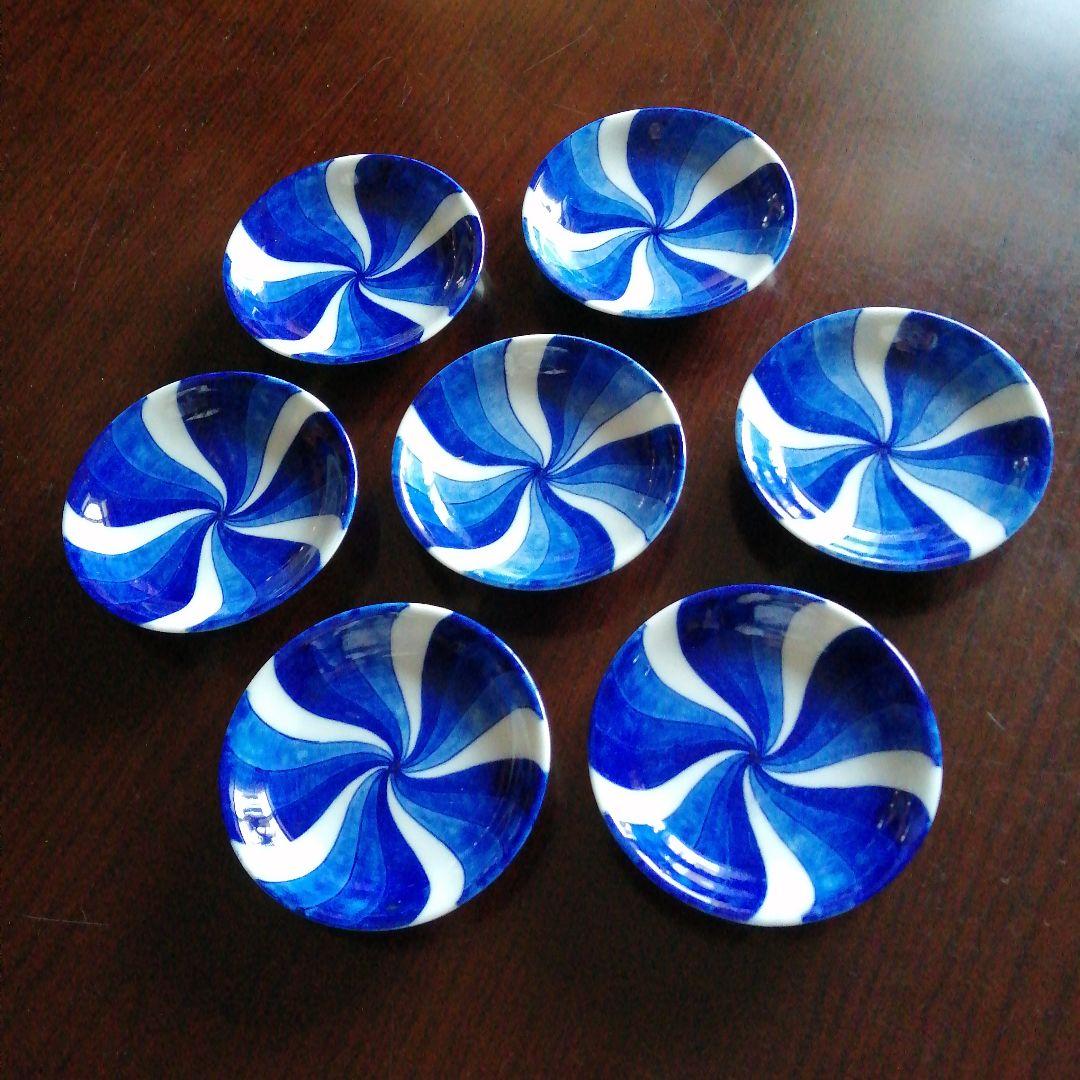 瀬戸焼　北半製　川本桝吉　染付捻紋小皿　7枚　11cm　江戸後期～明治期