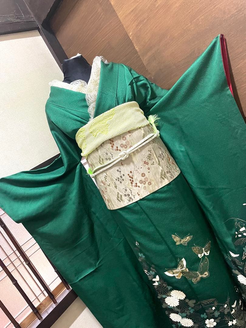 振袖 フルセット6点サイズM〜Ｌ花蝶文　金銀彩　正絹