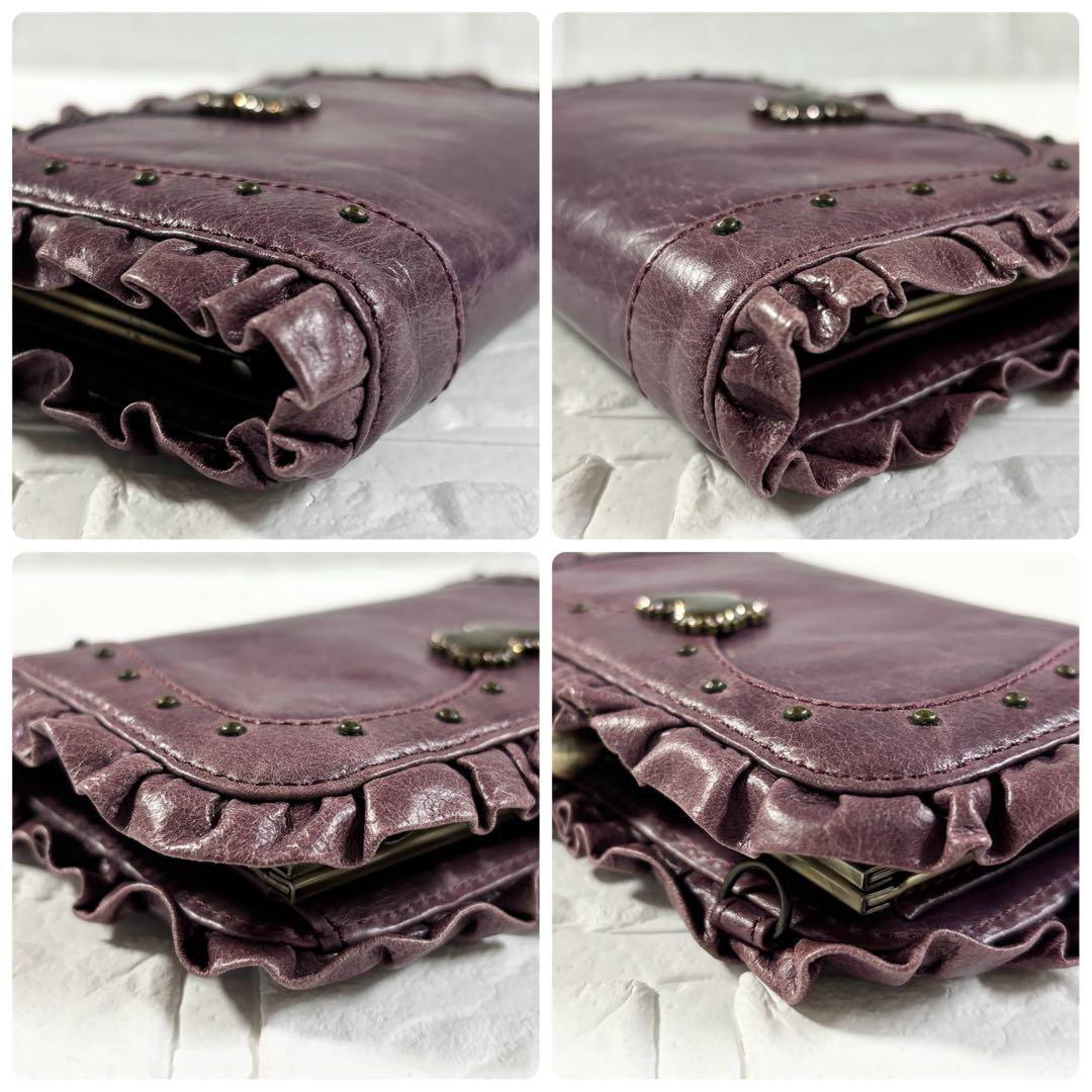 【未使用級】アナスイ レザー がま口 2つ折り財布 パープル フリル　バタフライ