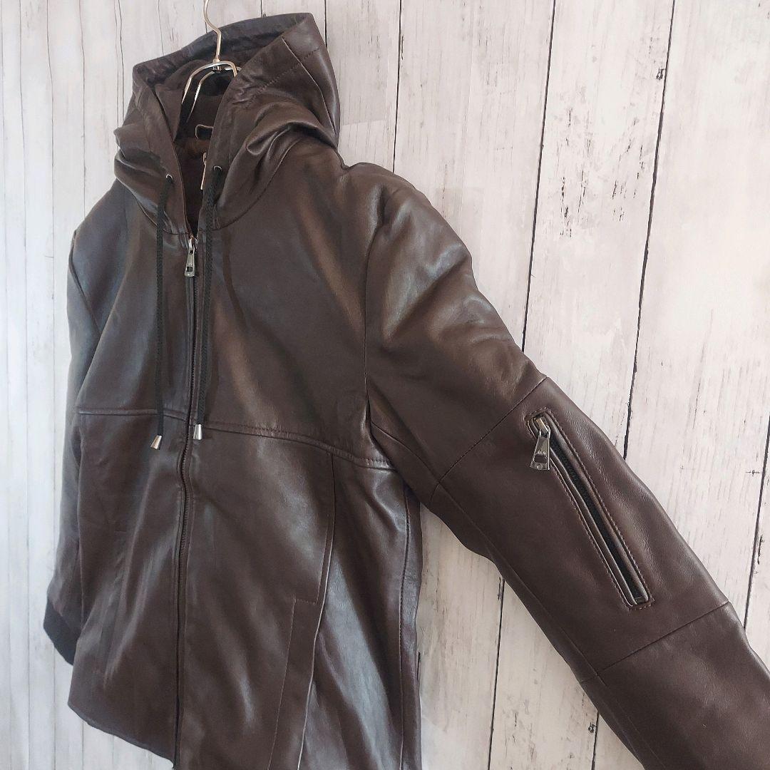 【AKM】エイケイエム ダブルファスナー ラムレザージャケット パーカー M 茶