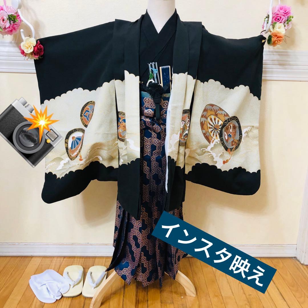 美品‼️七五三 五歳‼️兜 金箔散り‼️黒地にクリーム系 完全フルセット‼️家から揃え無