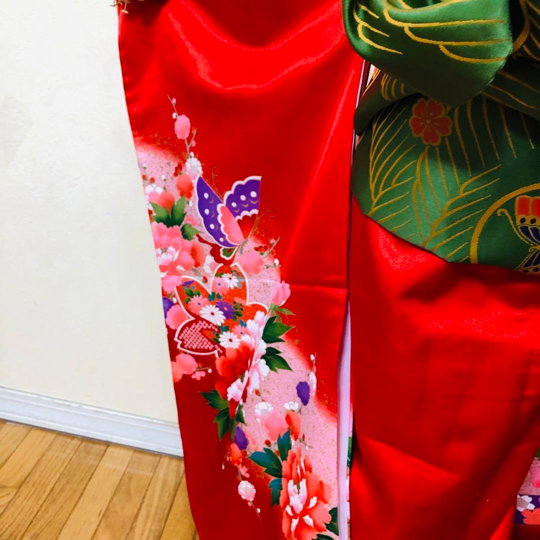 豪華7歳完全フルセット⭐︎未使用しつけ糸付き人気赤地蝶々花々金彩煌びやか際立つ逸品