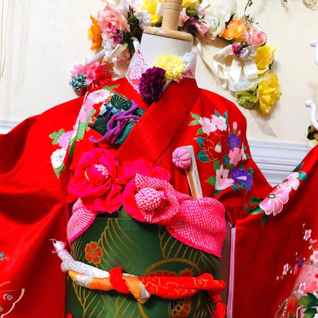 豪華7歳完全フルセット⭐︎未使用しつけ糸付き人気赤地蝶々花々金彩煌びやか際立つ逸品