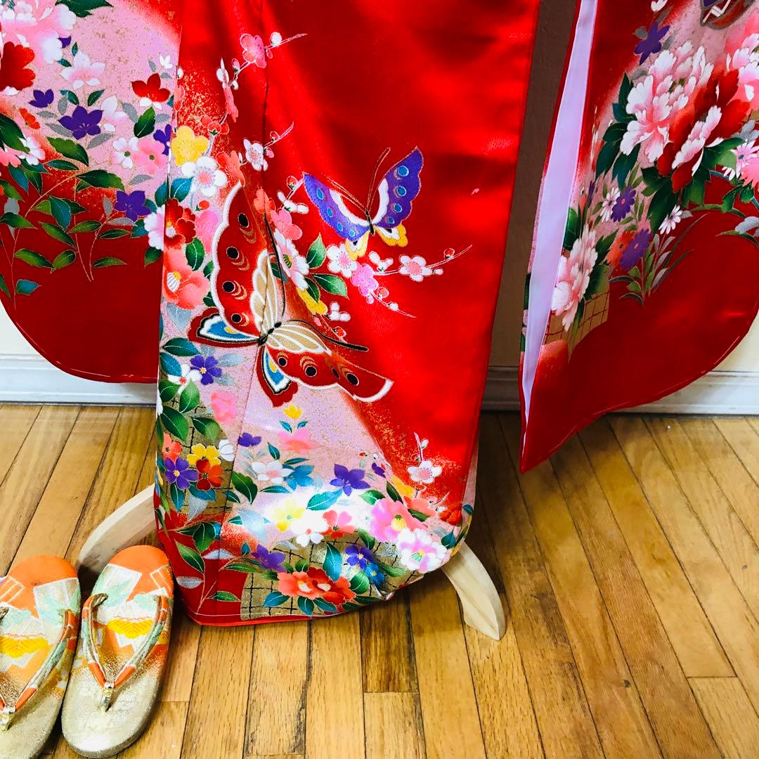 豪華7歳完全フルセット⭐︎未使用しつけ糸付き人気赤地蝶々花々金彩煌びやか際立つ逸品