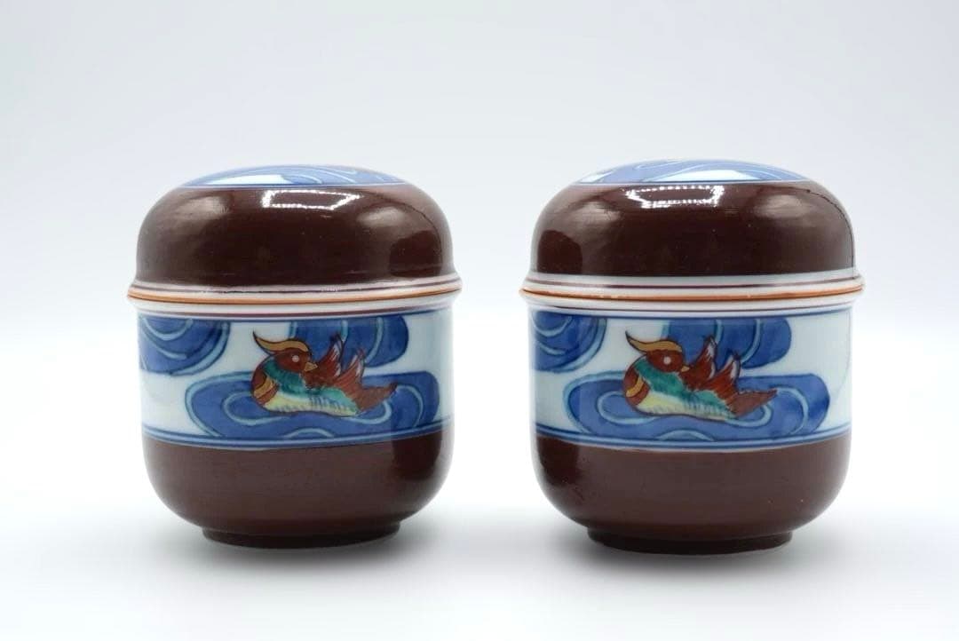 波佐見焼　鉄砂水鳥 むし碗　蓋付き蒸し碗　保管品　ヴィンテージ