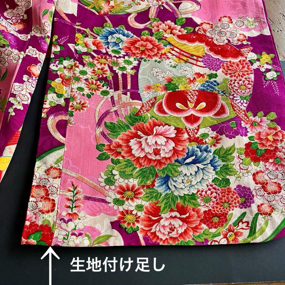 正絹 アンティーク着物 七五三 ◇赤紫色 糸巻き 薬玉 古典柄