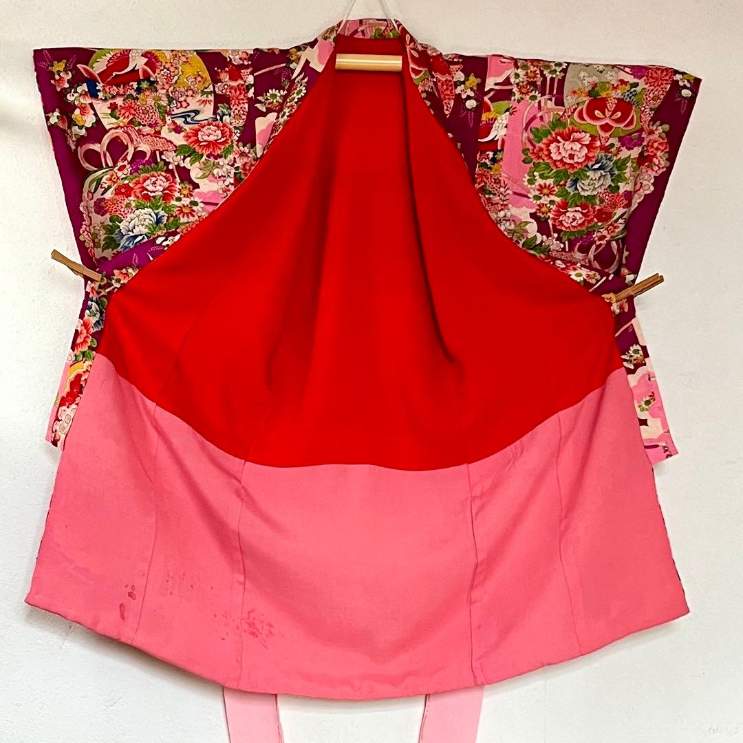 正絹 アンティーク着物 七五三 ◇赤紫色 糸巻き 薬玉 古典柄