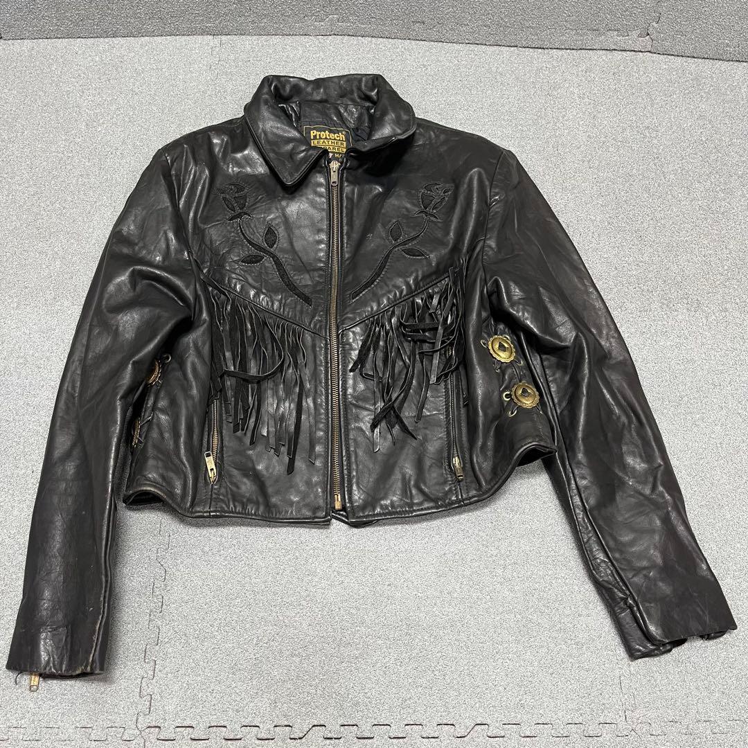 875 Protech製USA 薔薇×フリンジレザー 黒 コンチョ装飾 16