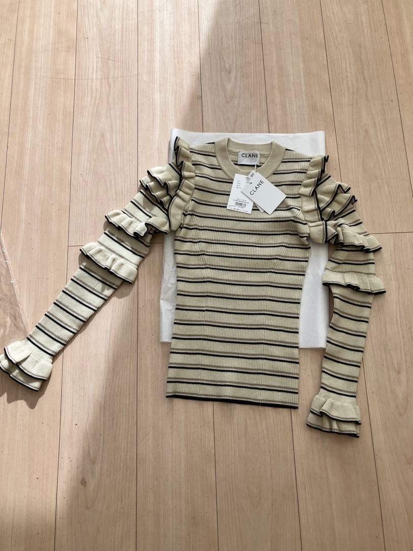 CLANE FRILL SLEEVE KNIT TOPS サイズ1 BORDER