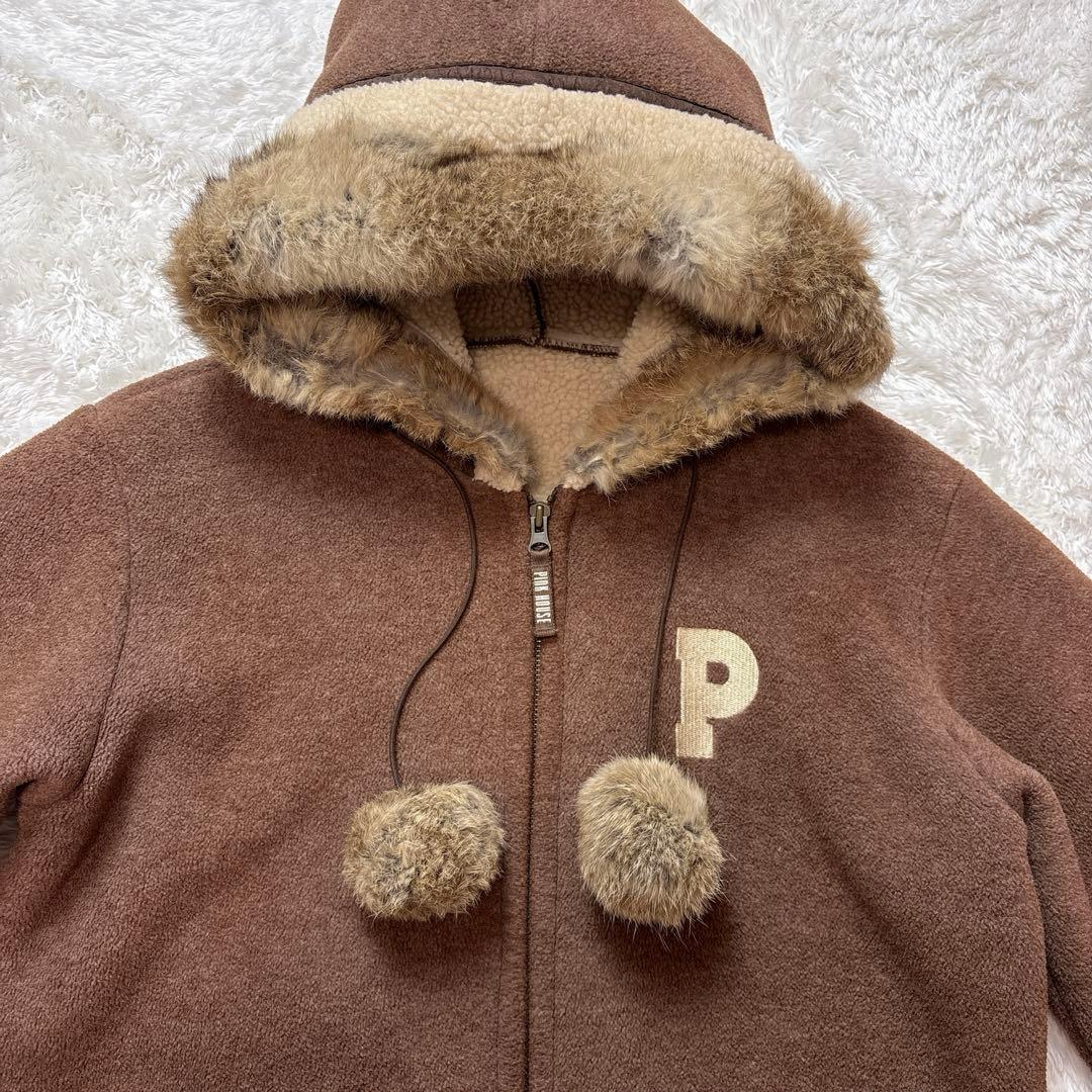 PINKHOUSE ラビットファー ボア フード付き ブラウン ジャケット