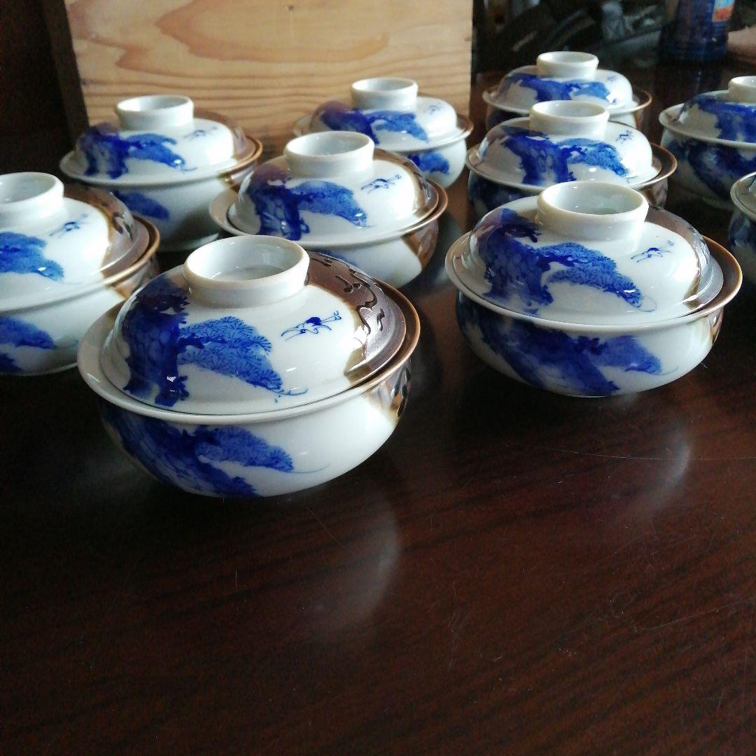 瀬戸焼　染付黒釉掛分蓋付小鉢　10客　11.8cm　明治〜昭和初期