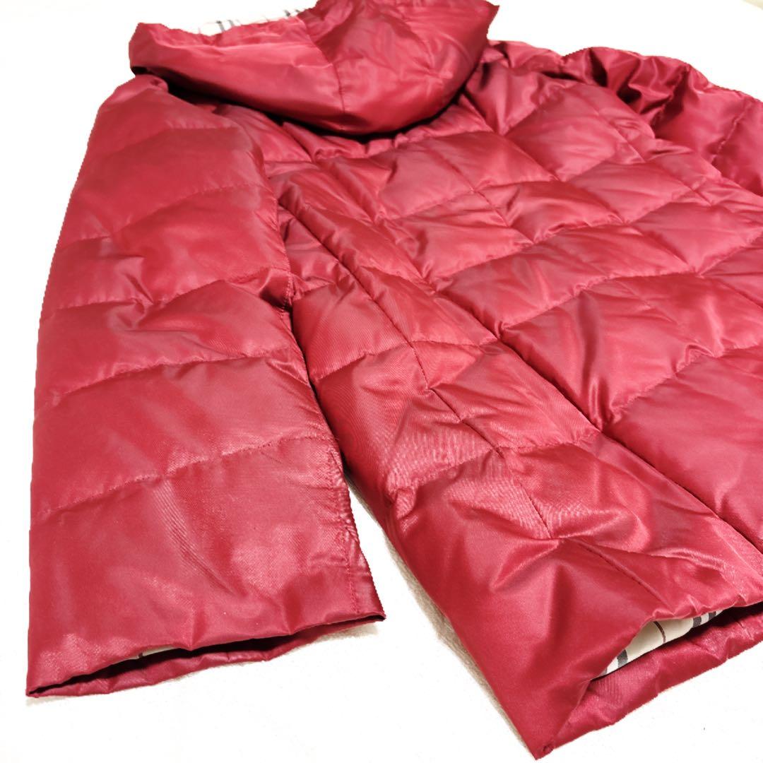 新品級 バーバリーロンドン ダウン ノバチェック 総柄 フード 赤 M 三陽商会