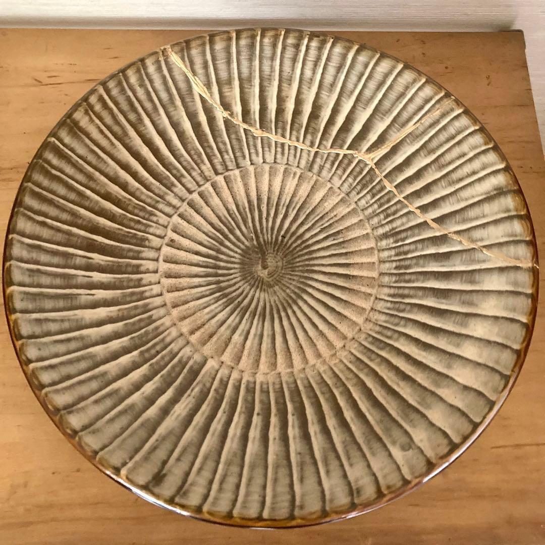 小鹿田焼（おんたやき）打ち刷毛目大皿【民藝ビンテージ】金継ぎ