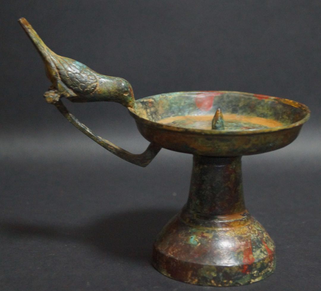 時代青銅製 金工細工 小鳥持ち手 燭台 銅蝋 置物 オブジェ 古美術 茶道具