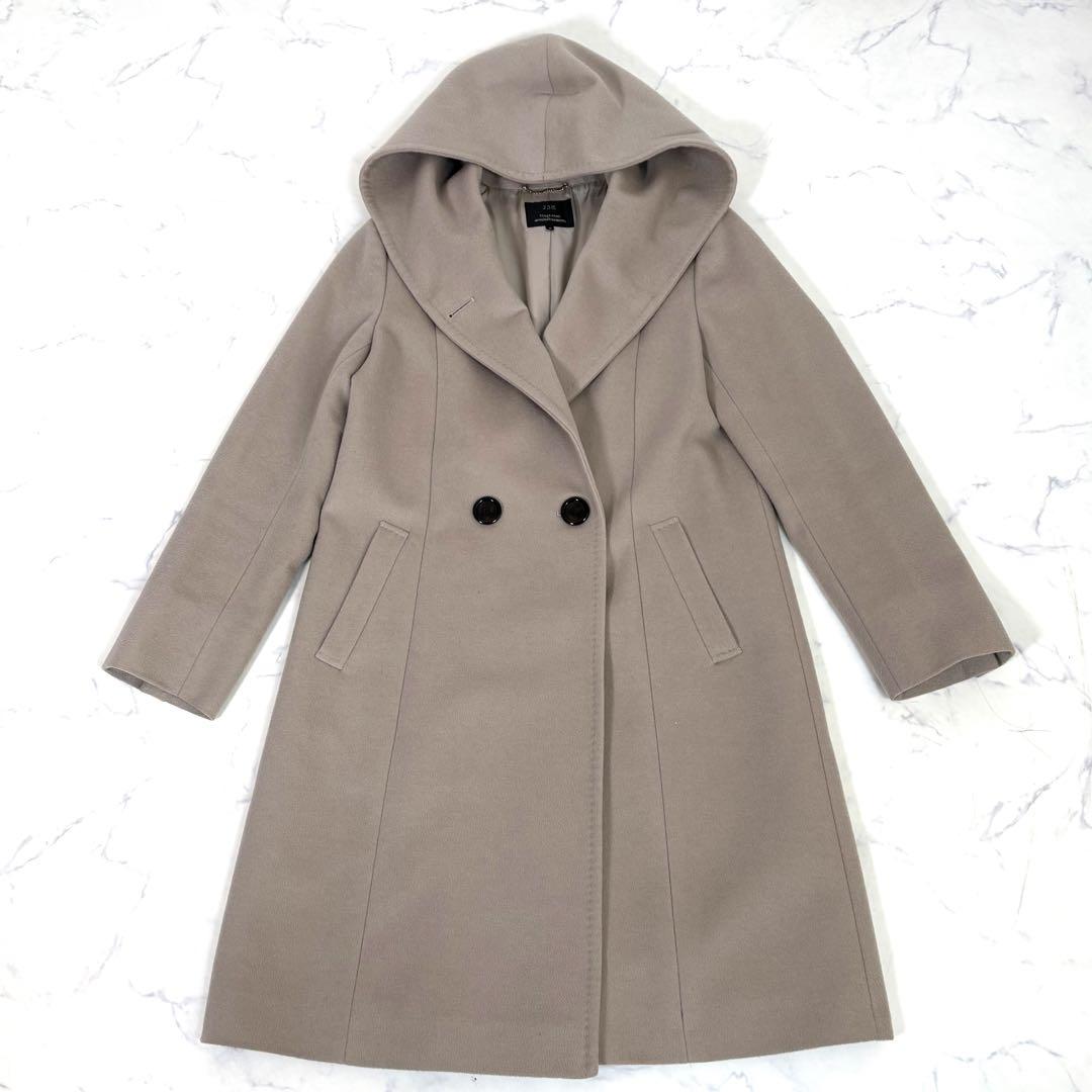 美品 23区 アンゴラ混 ビーバーダブルコート フード ベージュ38
