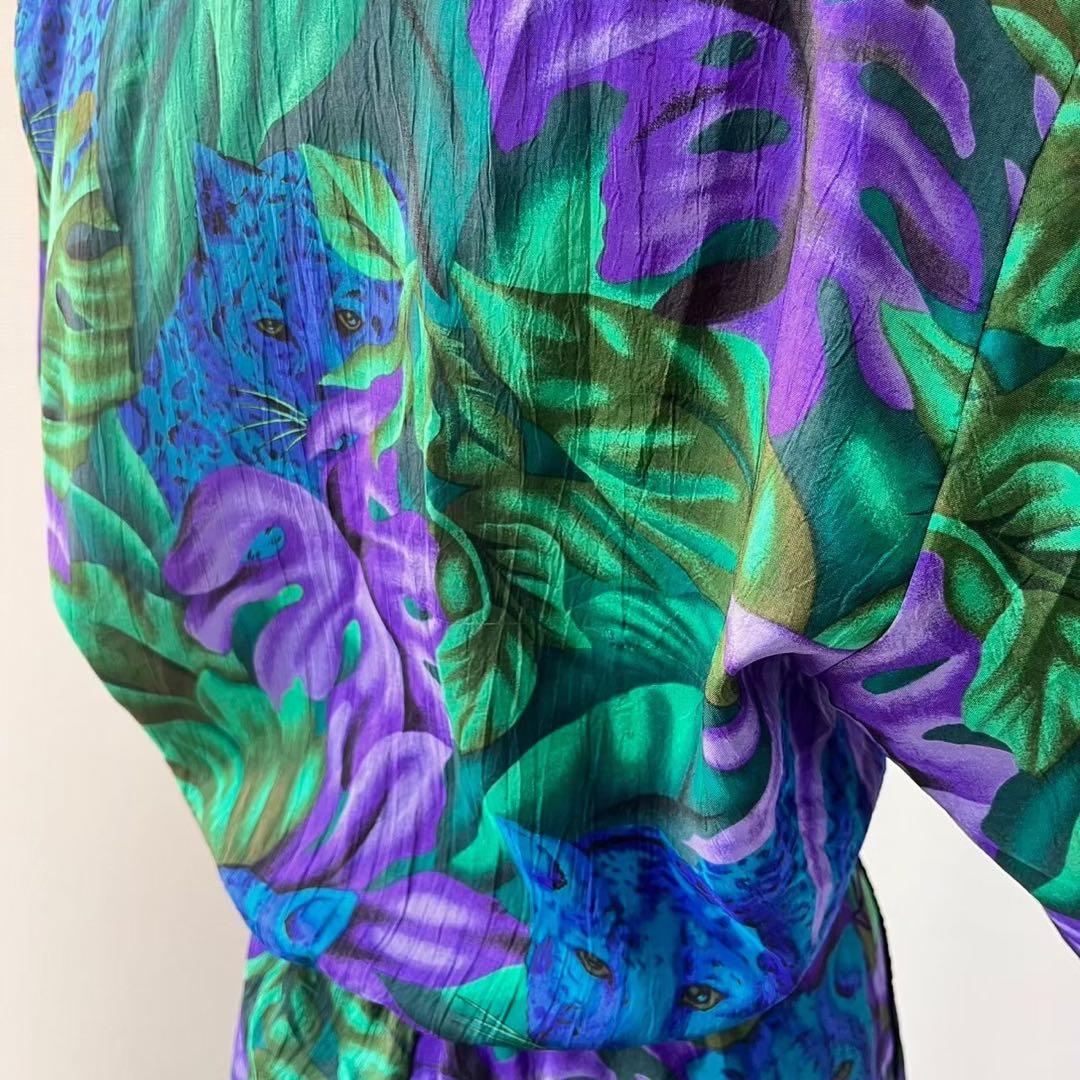 80s USA製 ボタニカル柄 ヒョウ柄 半袖 サロペットパンツ Y630