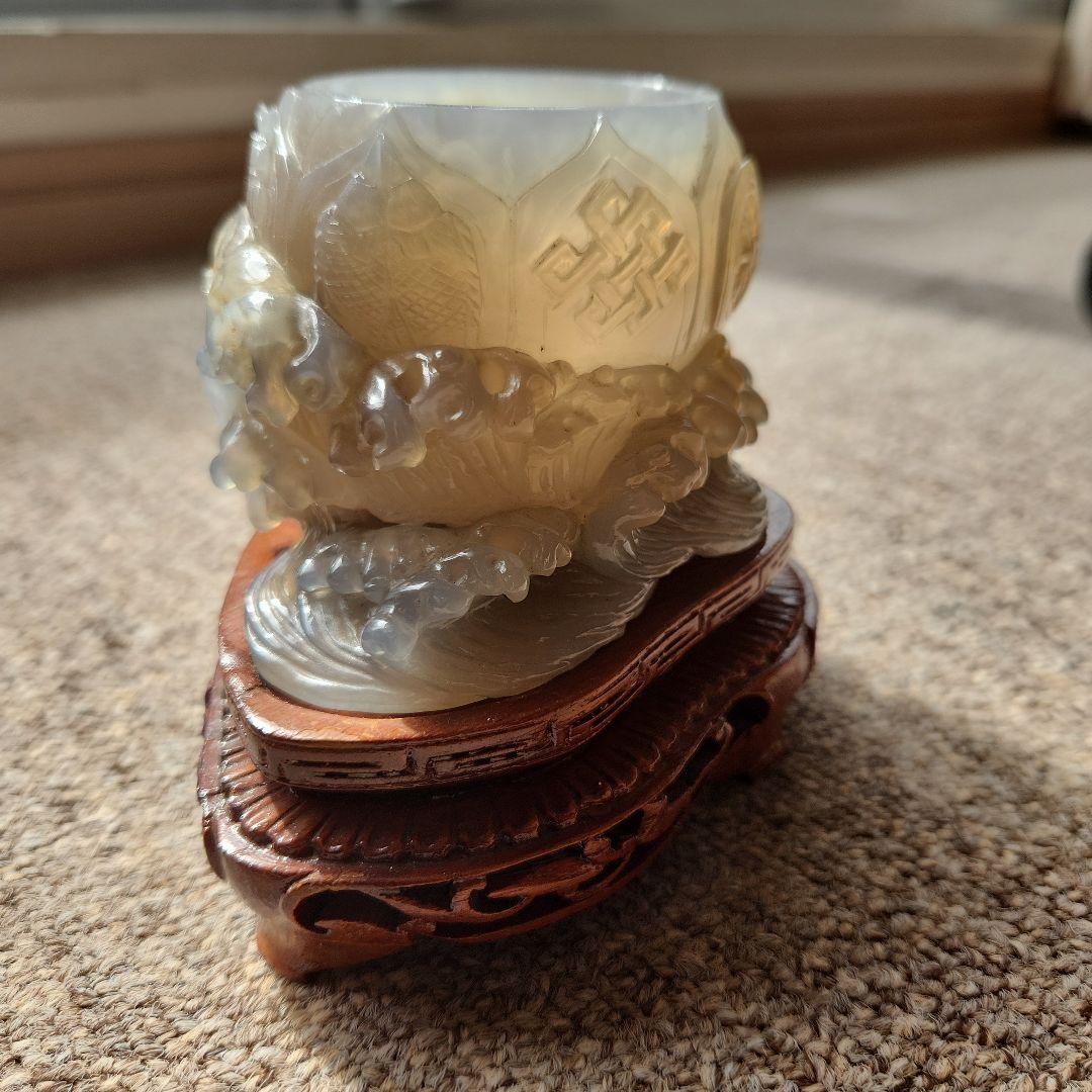 天然瑪瑙水滴　鶴首銅製匙、唐木台付き　書道水滴