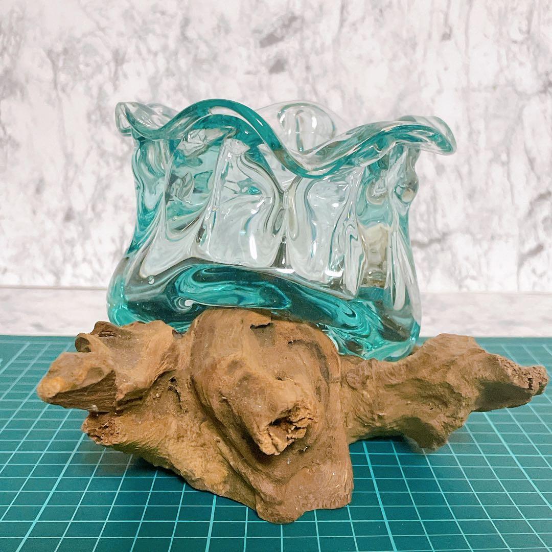 お花型 流木ガラス オブジェ 花瓶 Lサイズ ガラス細工 流木台座 置物