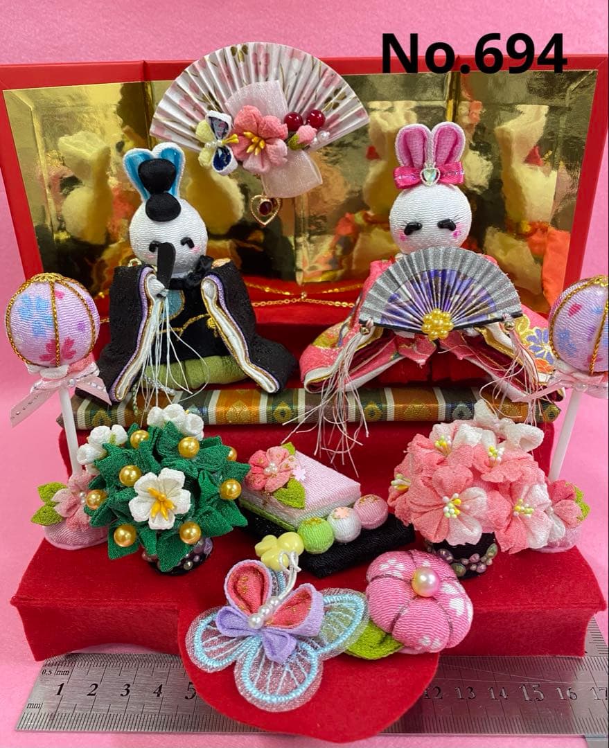 ちりめん細工　つまみ細工　うさぎ雛飾り　No.694 ハンドメイド
