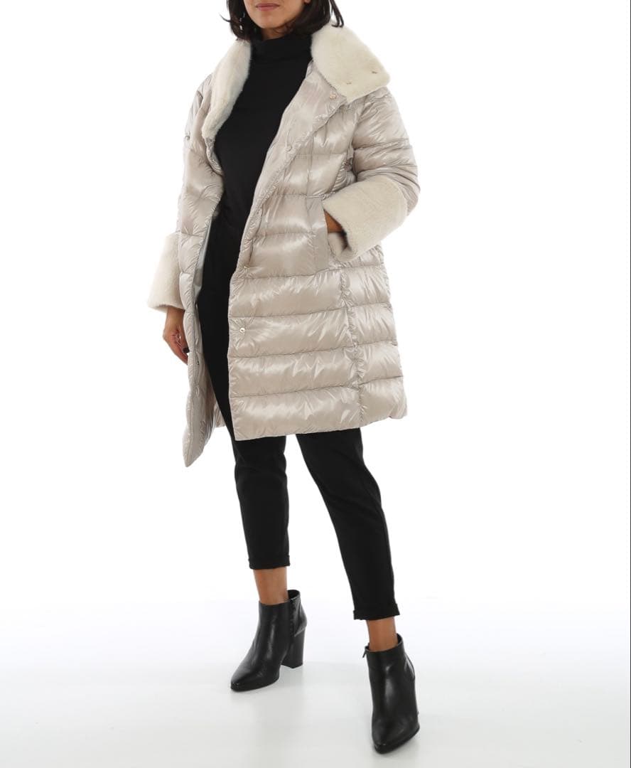 タグ付未使用★HERNO ダウンコート エコファー 異素材 切替 グレージュ42