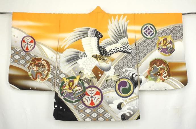 七五三 ◇山吹色系　鷹◇式部浪漫　5歳男の子着物・羽織・袴セット6057【中古】