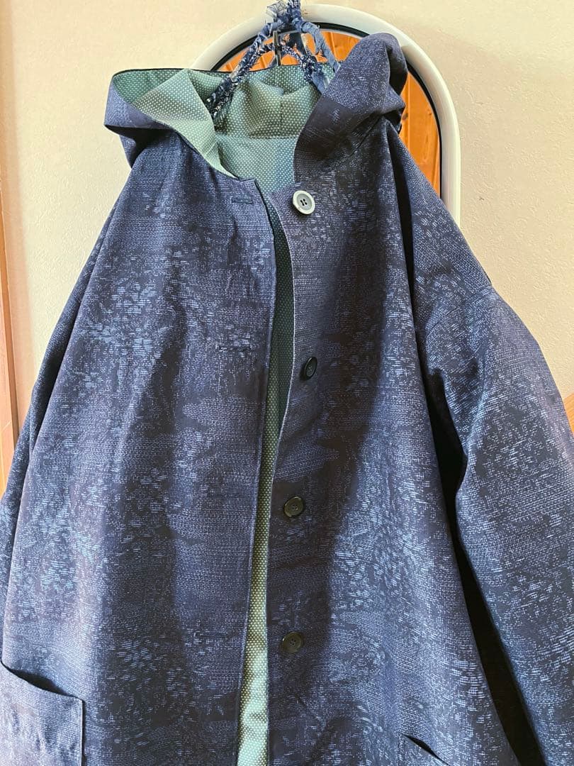 着物リメイク　結城紬コート　裏地蚊絣お召し　ハンドメイド