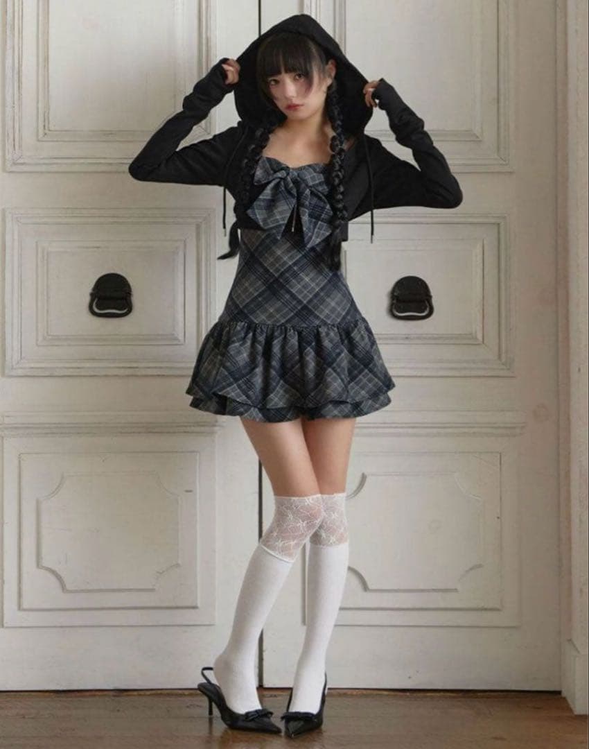 BUBBLES バブルス チェックパーカーワンピース ブラック