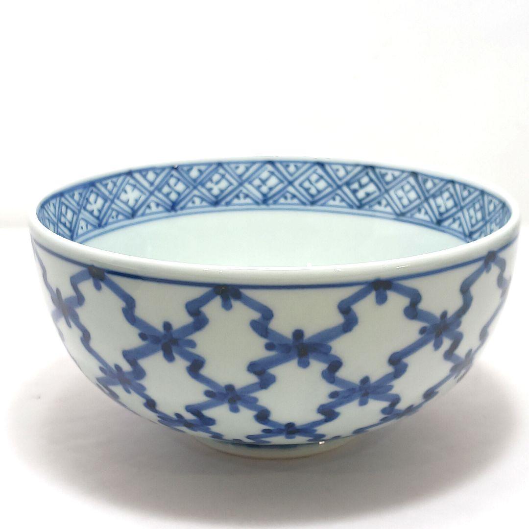 Y3311-2 伊万里 在銘 染付松皮菱繋文 飯碗 5客セット 共箱