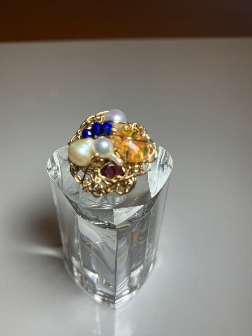 14kgfワイヤーラッピングリング❤️パール ルビー　オパール　ラピス