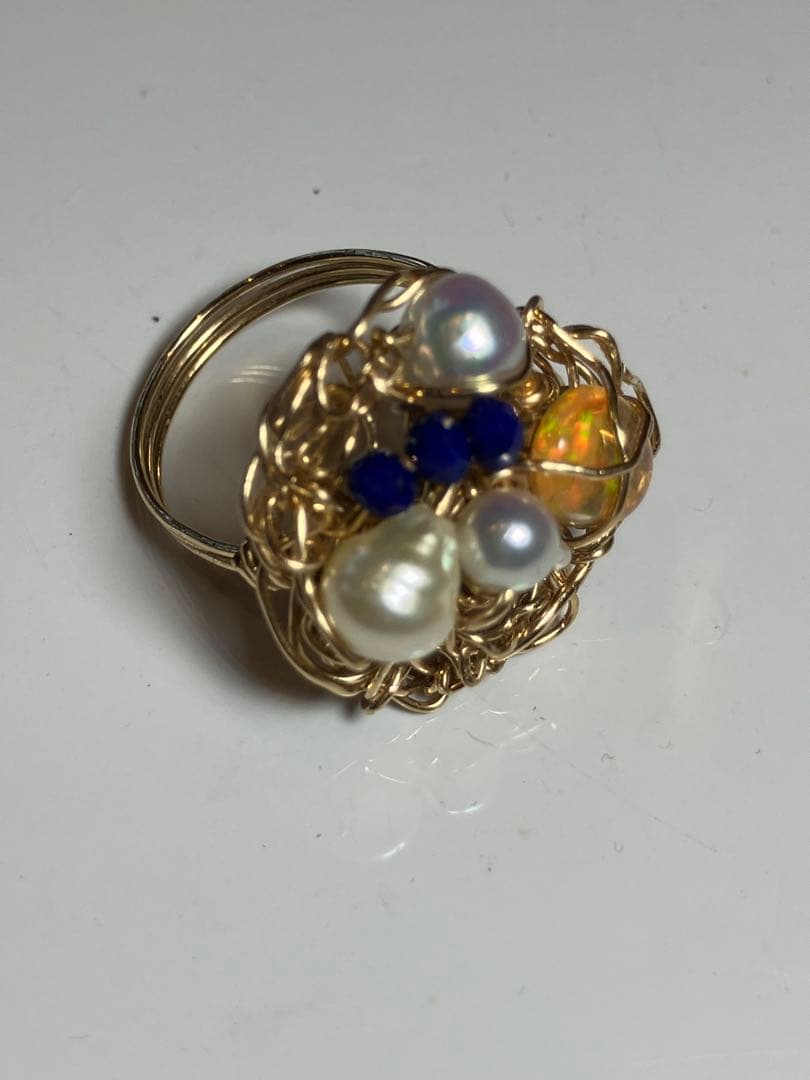 14kgfワイヤーラッピングリング❤️パール ルビー　オパール　ラピス