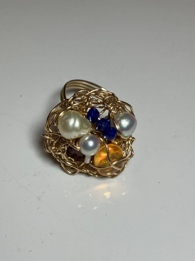 14kgfワイヤーラッピングリング❤️パール ルビー　オパール　ラピス