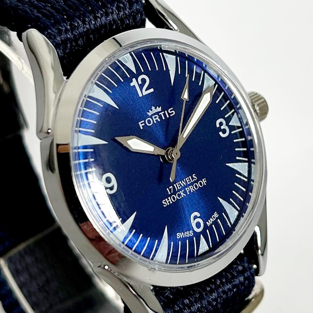 老舗スイスブランドFORTIS ブルーダイアル腕時計 機械式手巻 36㎜17石
